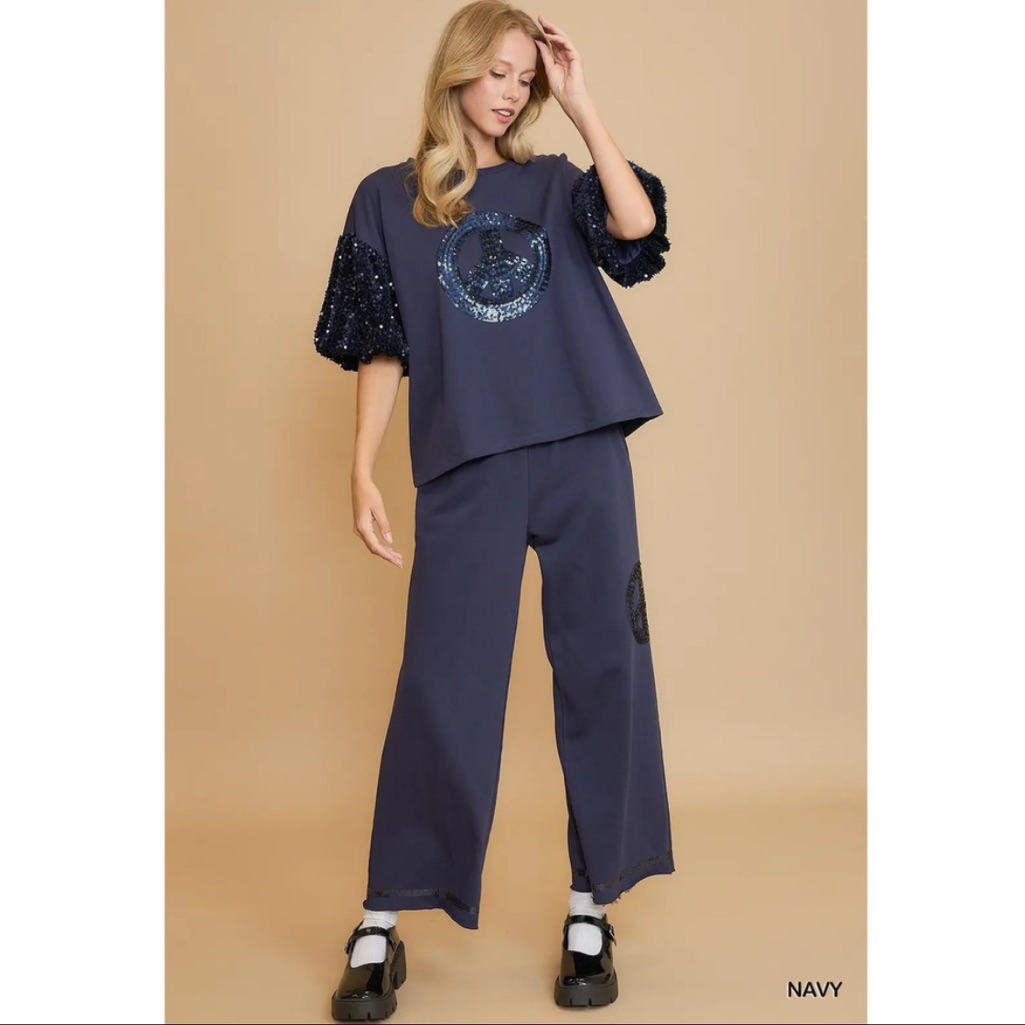 K9222-T-N Umgee French Terry Peace Sequined Pants & Top Set Navy Various Sizes